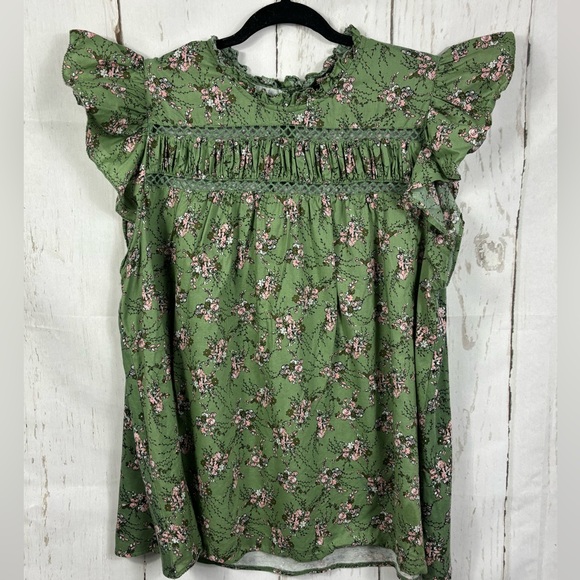 Lane Bryant Tops - Lane Bryant Woven & Knit Ruffle Cap-Sleeve Blouse Green Floral Cotton